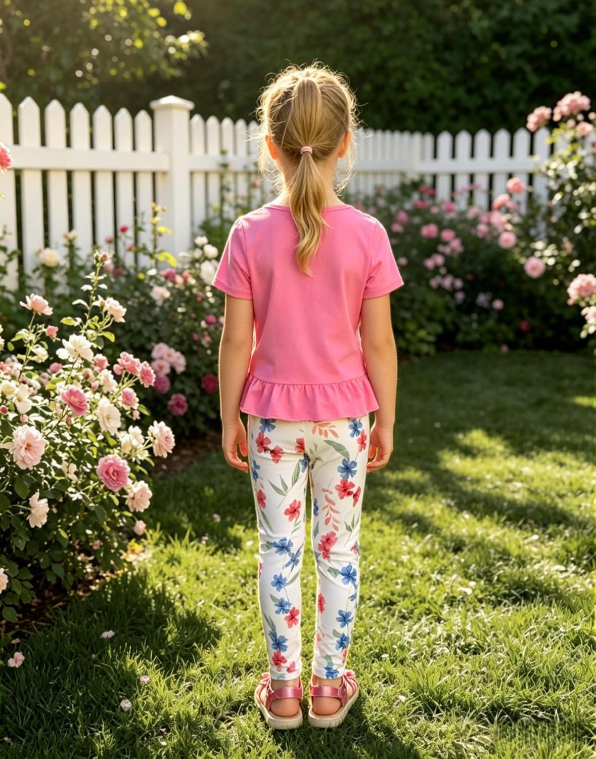 image:imageArshiner Toddler Girl Clothes Summer 2 Piece Outfits Ruffle Hem Short Sleeve Top and Printed Leggings Kids Clothing SetsPink Flroal