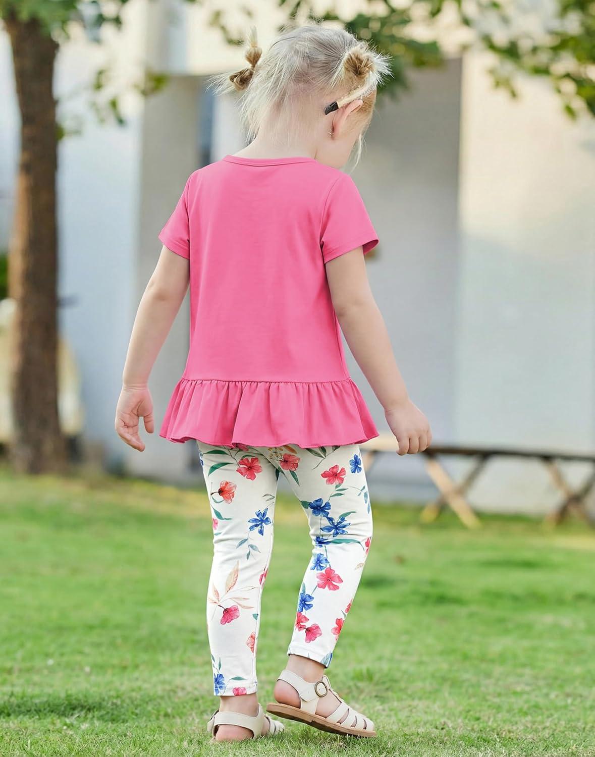 image:imageArshiner Toddler Girl Clothes Summer 2 Piece Outfits Ruffle Hem Short Sleeve Top and Printed Leggings Kids Clothing SetsPink Flroal