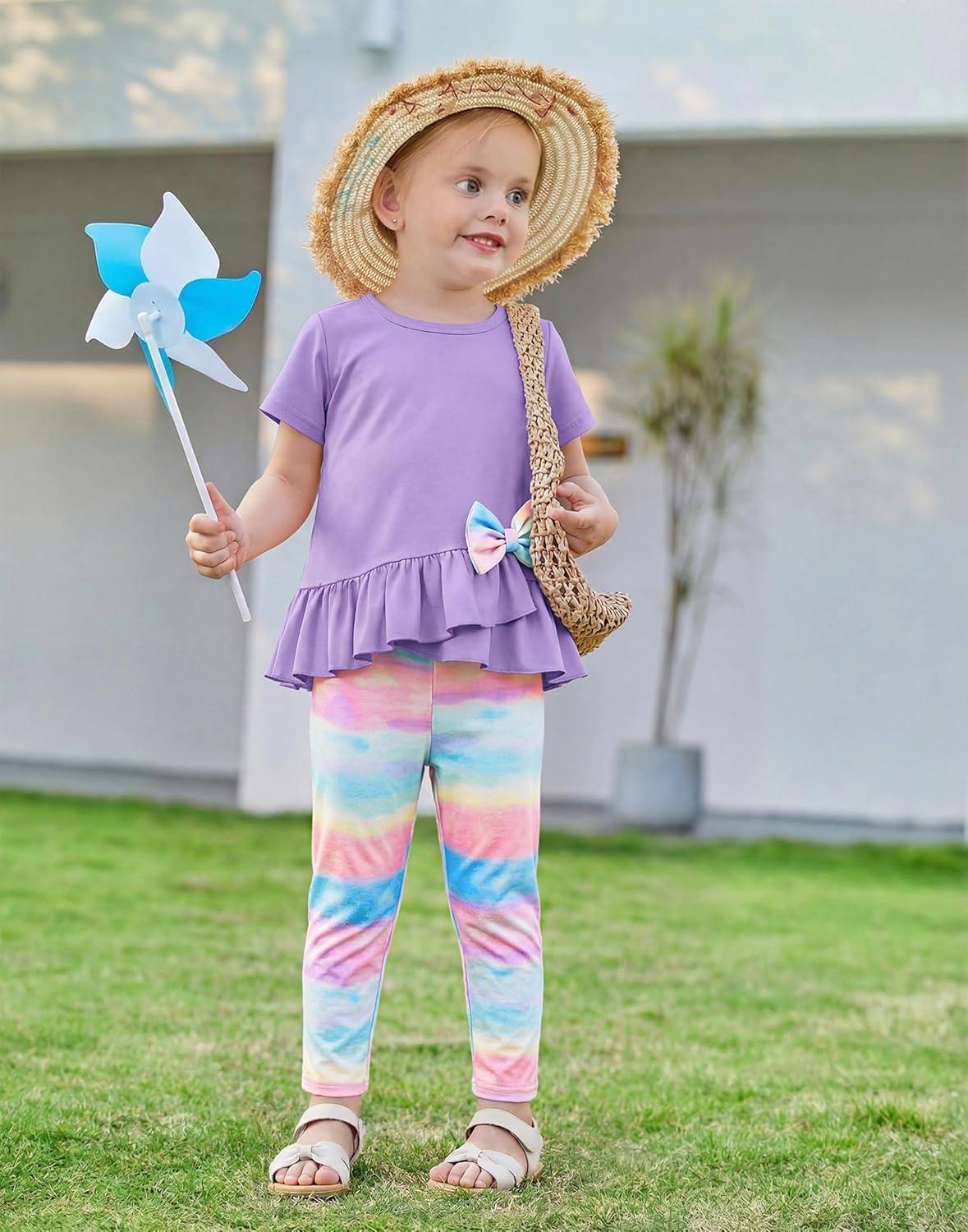 image:imageArshiner Toddler Girl Clothes Summer 2 Piece Outfits Ruffle Hem Short Sleeve Top and Printed Leggings Kids Clothing SetsTie Dye