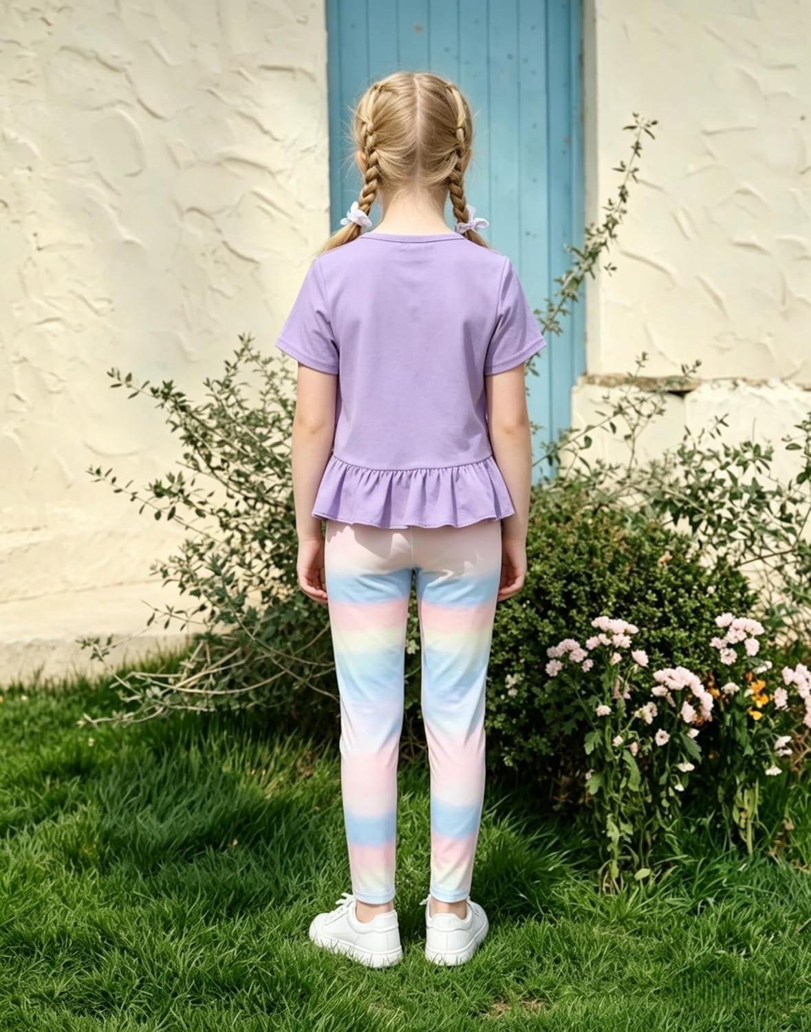 image:imageArshiner Toddler Girl Clothes Summer 2 Piece Outfits Ruffle Hem Short Sleeve Top and Printed Leggings Kids Clothing SetsTie Dye