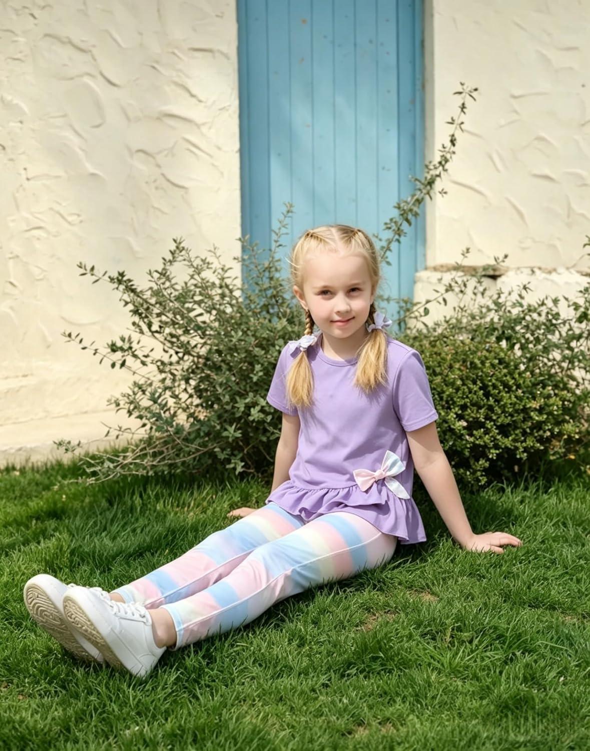 image:imageArshiner Toddler Girl Clothes Summer 2 Piece Outfits Ruffle Hem Short Sleeve Top and Printed Leggings Kids Clothing SetsTie Dye