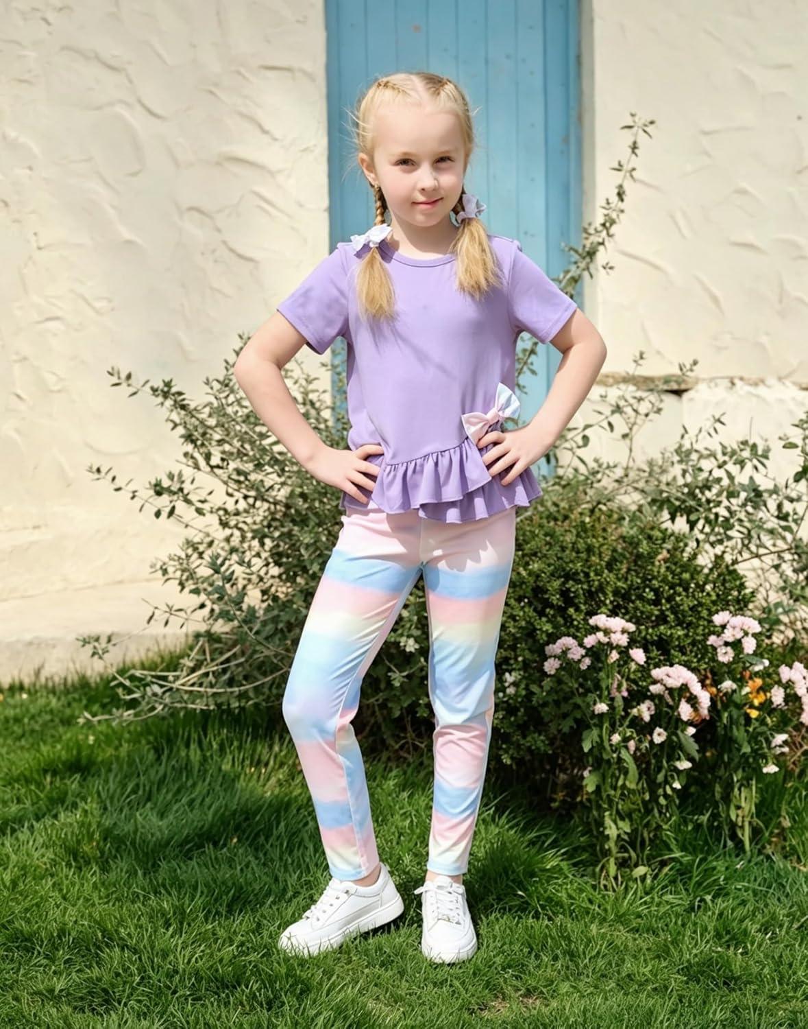 image:imageArshiner Toddler Girl Clothes Summer 2 Piece Outfits Ruffle Hem Short Sleeve Top and Printed Leggings Kids Clothing SetsTie Dye