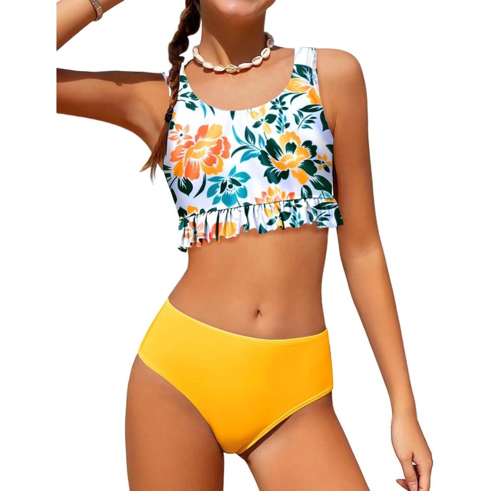 image:imageArshiner Girls Bikini Beach Swimwear 2 Piece Swimsuits Floral Printing Bathing SuitsBig Flower in White
