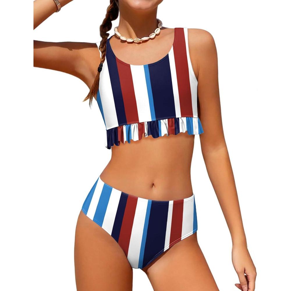 image:imageArshiner Girls Bikini Beach Swimwear 2 Piece Swimsuits Floral Printing Bathing SuitsBlue Redstripes