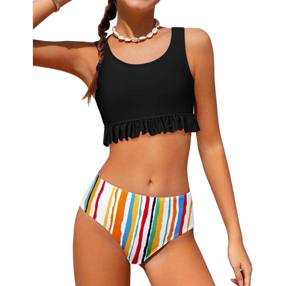 image:imageArshiner Girls Bikini Beach Swimwear 2 Piece Swimsuits Floral Printing Bathing SuitsColorful Stripes