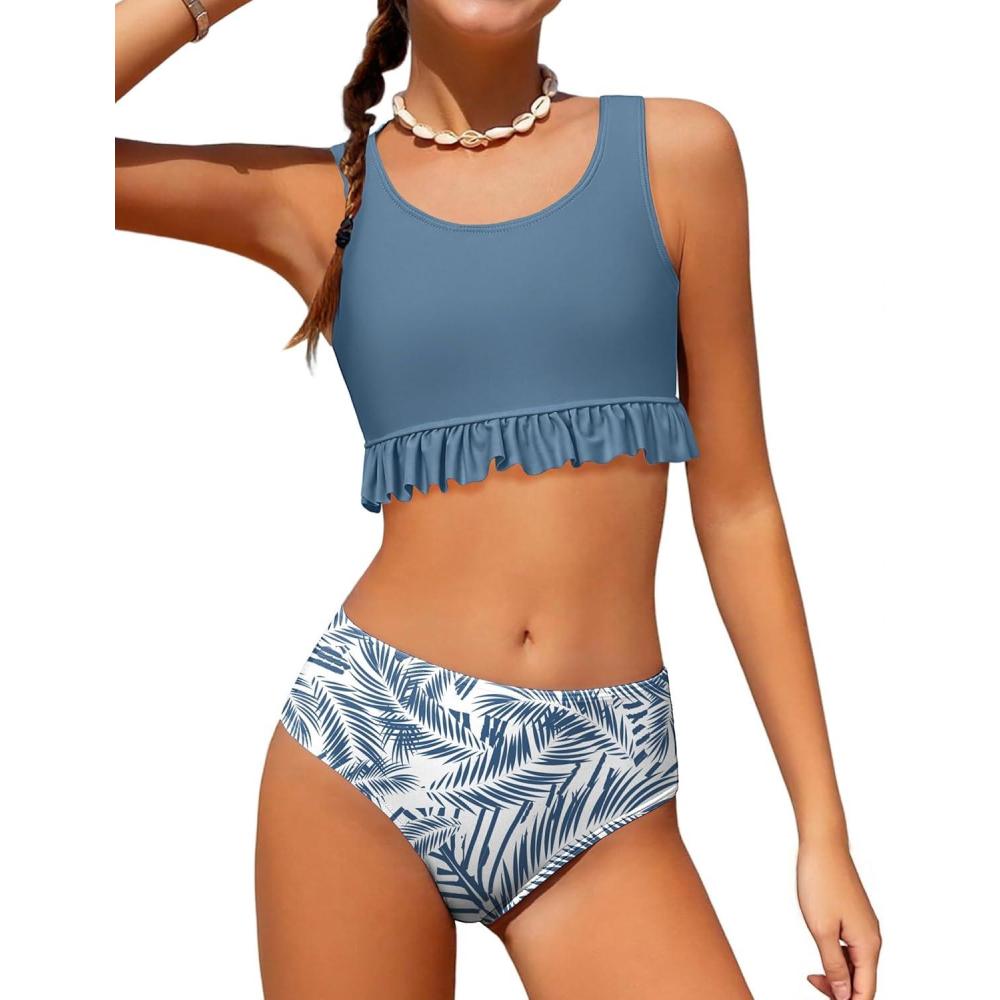 image:imageArshiner Girls Bikini Beach Swimwear 2 Piece Swimsuits Floral Printing Bathing SuitsGrey Bluefloral