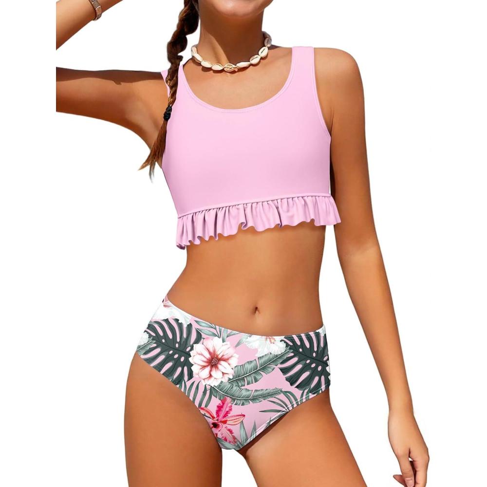 image:imageArshiner Girls Bikini Beach Swimwear 2 Piece Swimsuits Floral Printing Bathing SuitsLight Pinkfloral