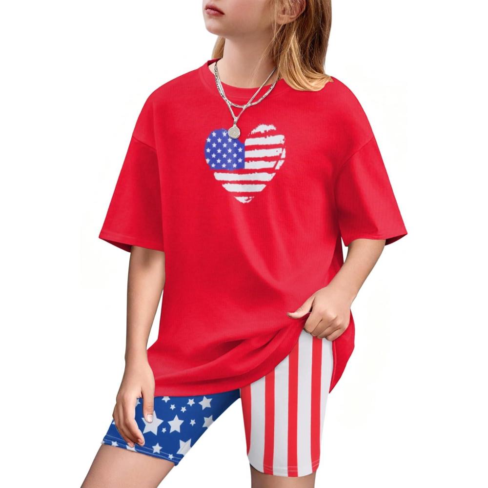 image:imageArshiner Girls Clothes Summer 2 Piece Outfits Drop Shoulder TShirts and Biker Shorts Kids Fashion Clothing SetsRedwhiteblue Star
