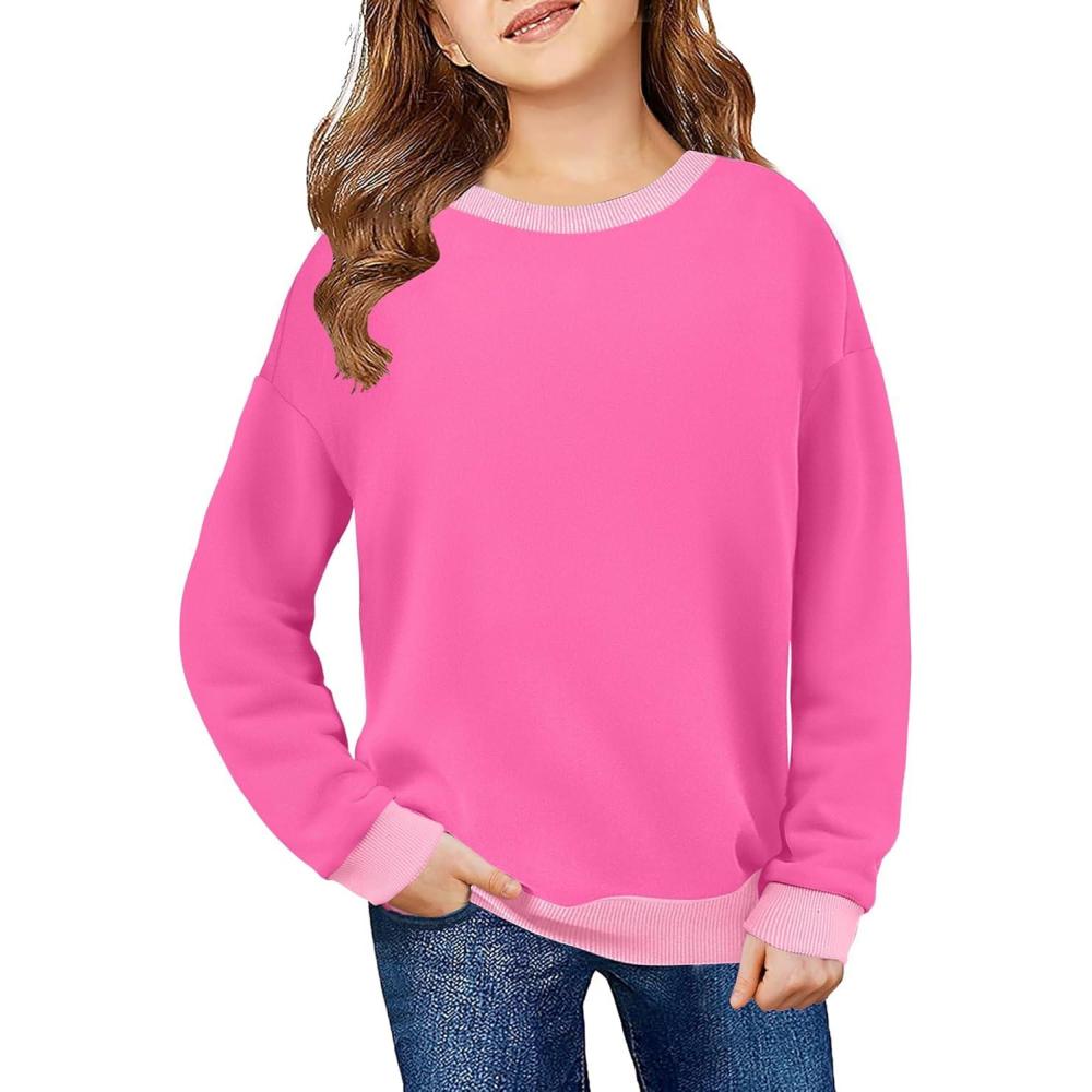 image:imageArshiner Girls Crewneck Sweatshirt Long Sleeve Pullover Tops Drop Shoulder Sweatshirts Color Block Ribbed TrimHot Pink