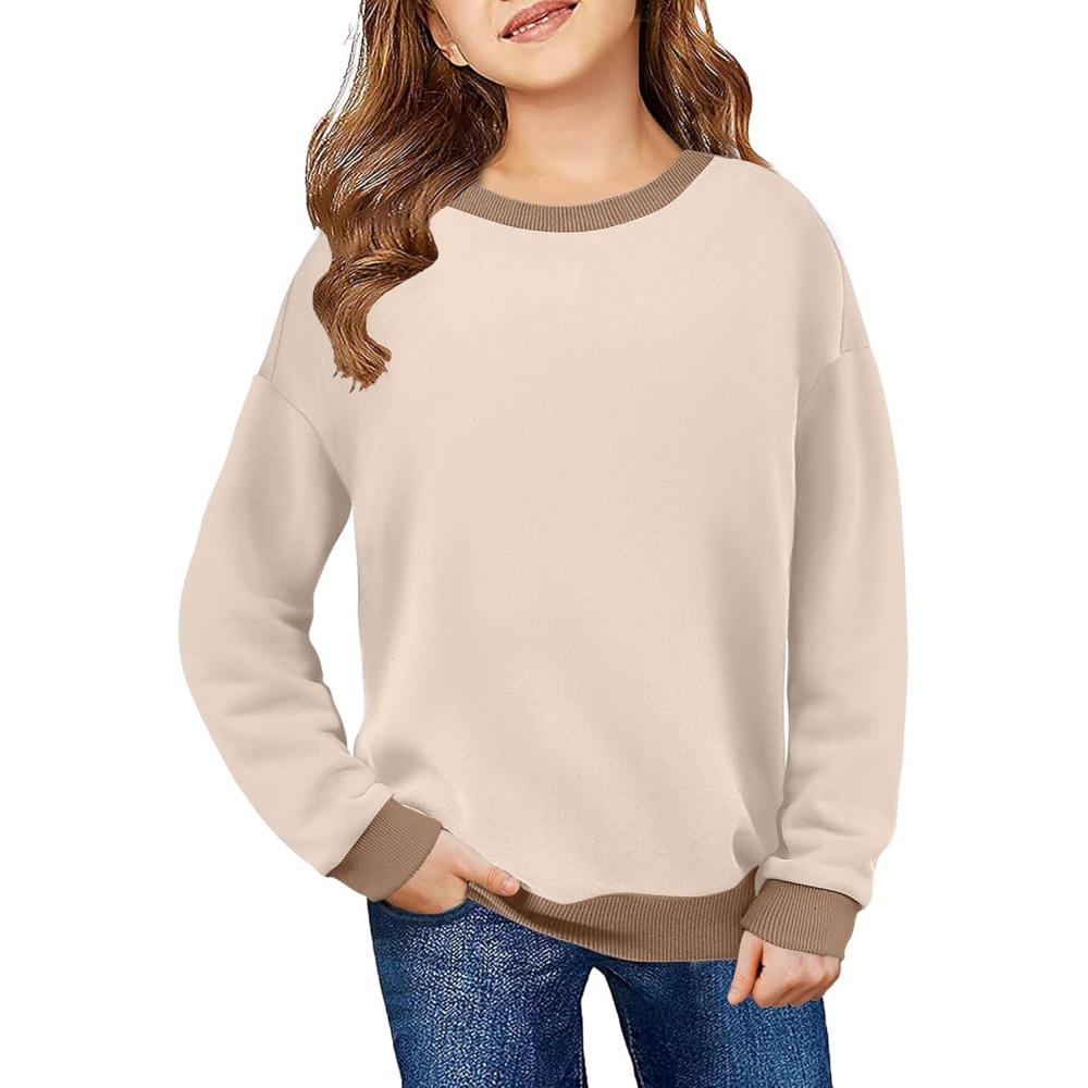image:imageArshiner Girls Crewneck Sweatshirt Long Sleeve Pullover Tops Drop Shoulder Sweatshirts Color Block Ribbed TrimKhaki