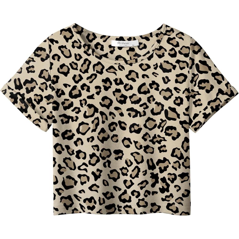 image:imageArshiner Girls Crop Tops Short Sleeve Tie Dye Summer T Shirt Crewneck Rolled Cuffs Fashion Shirts TeeLeopard