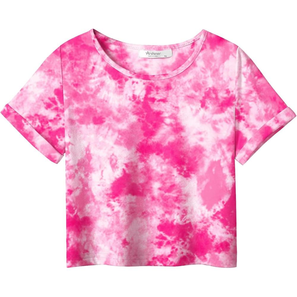 image:imageArshiner Girls Crop Tops Short Sleeve Tie Dye Summer T Shirt Crewneck Rolled Cuffs Fashion Shirts TeeTie Dye Pink