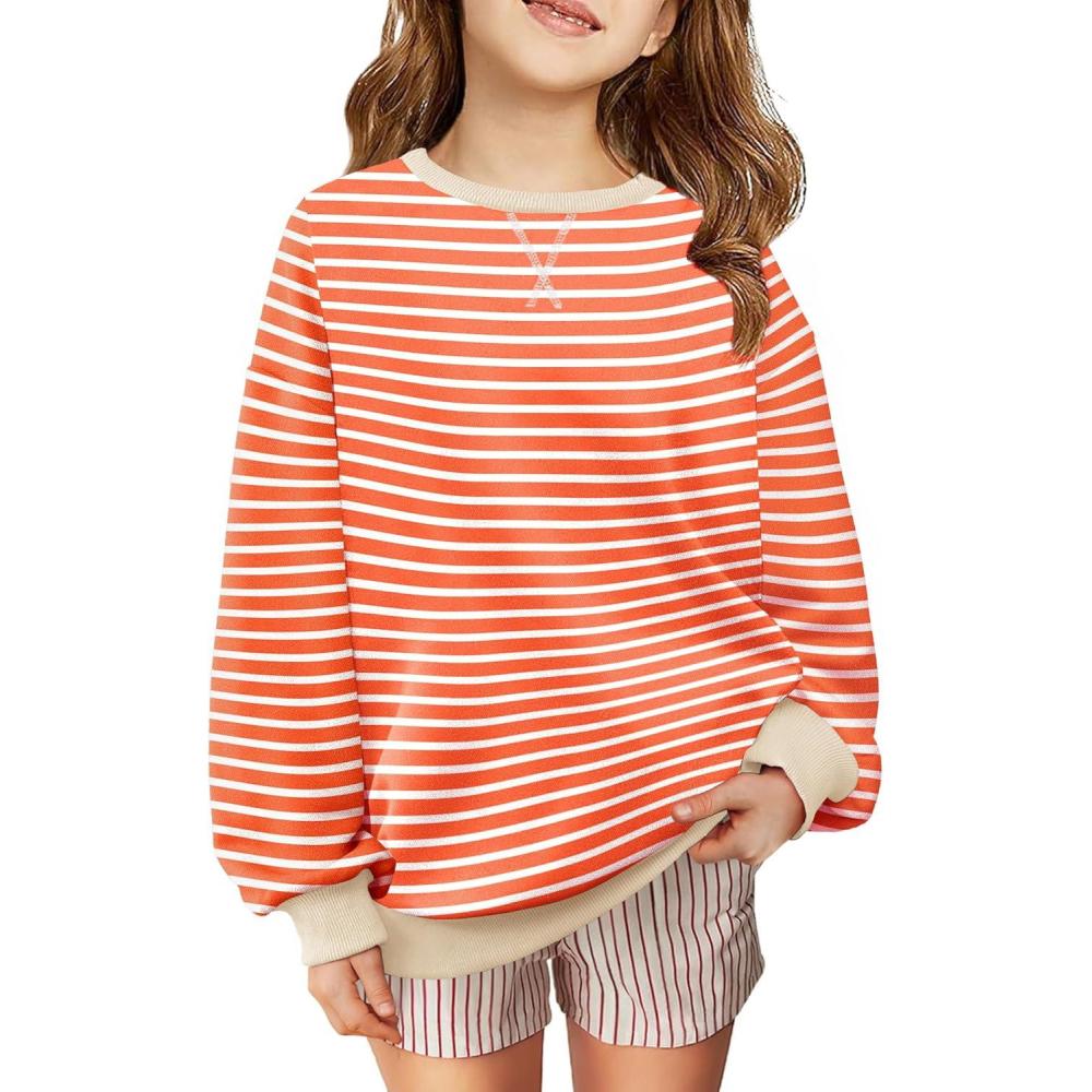 image:imageArshiner Girls Oversized Striped Crewneck Sweatshirt Long Sleeve Color Block Pullover Tops Fall Casual ClothesOrange Pink Stripe
