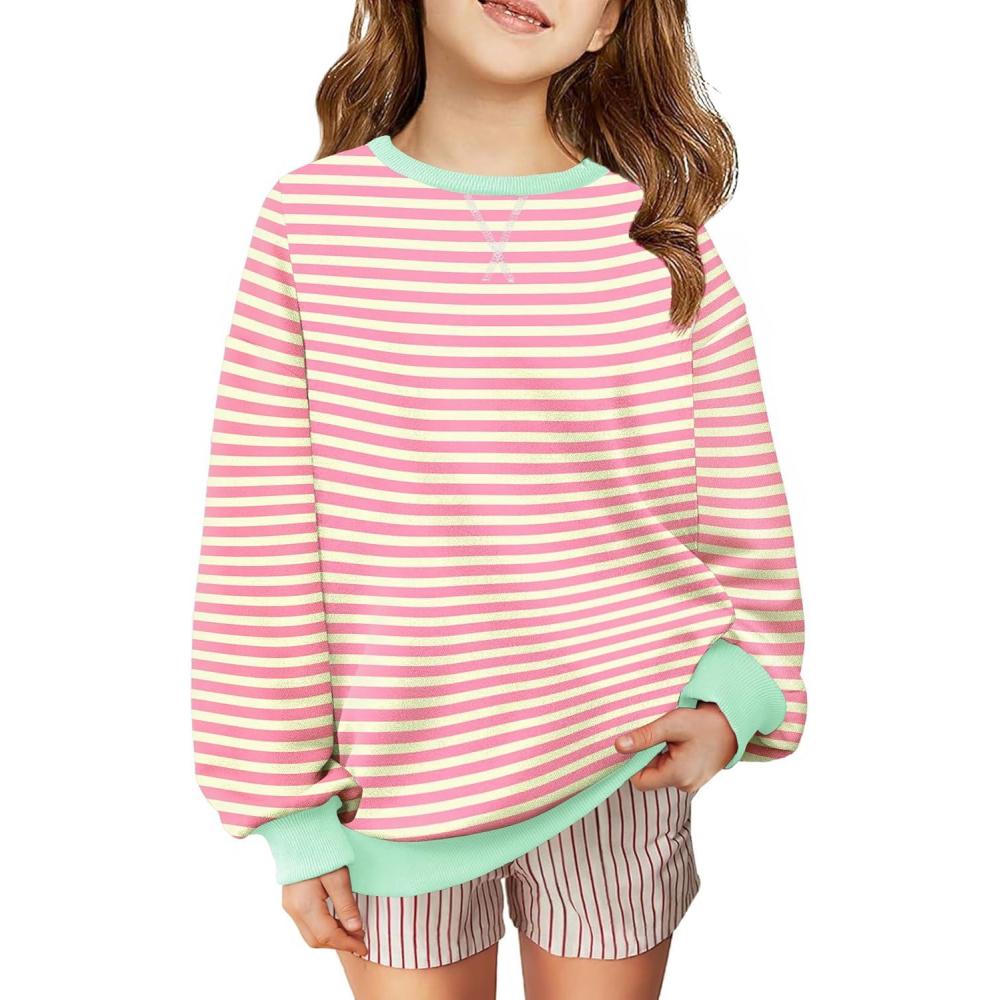 image:imageArshiner Girls Oversized Striped Crewneck Sweatshirt Long Sleeve Color Block Pullover Tops Fall Casual ClothesPink Apricot Stripe