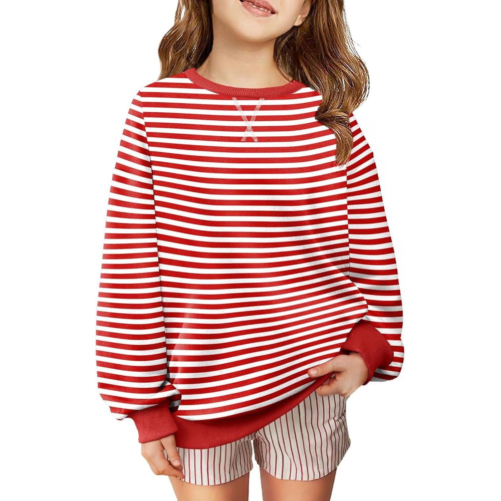 image:imageArshiner Girls Oversized Striped Crewneck Sweatshirt Long Sleeve Color Block Pullover Tops Fall Casual ClothesRed Stripe