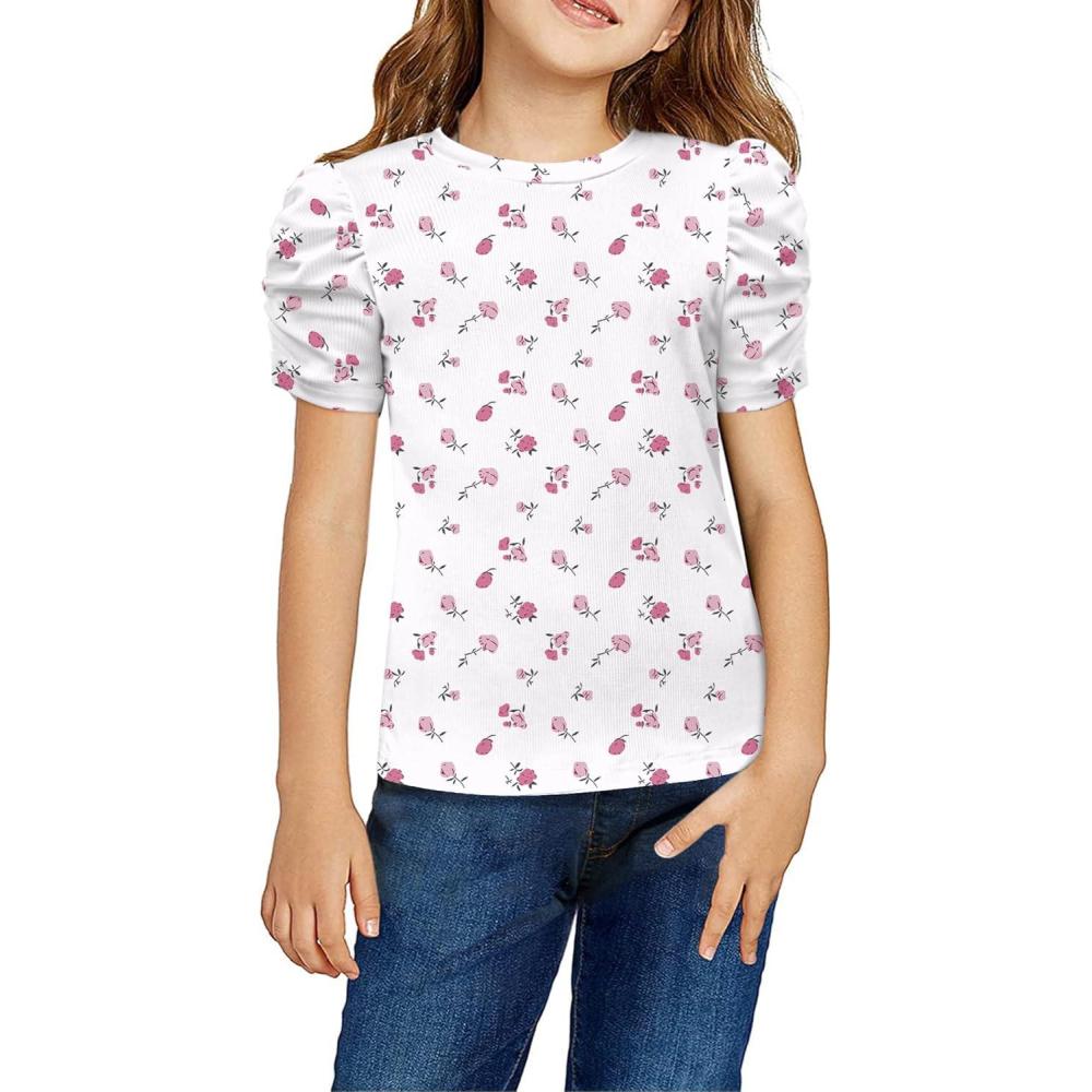 image:imageArshiner Girls Puff Short Sleeve Shirts Summer Ribbed Knit Crewneck T Shirt Tops Tee BlouseWhite Pink Flower
