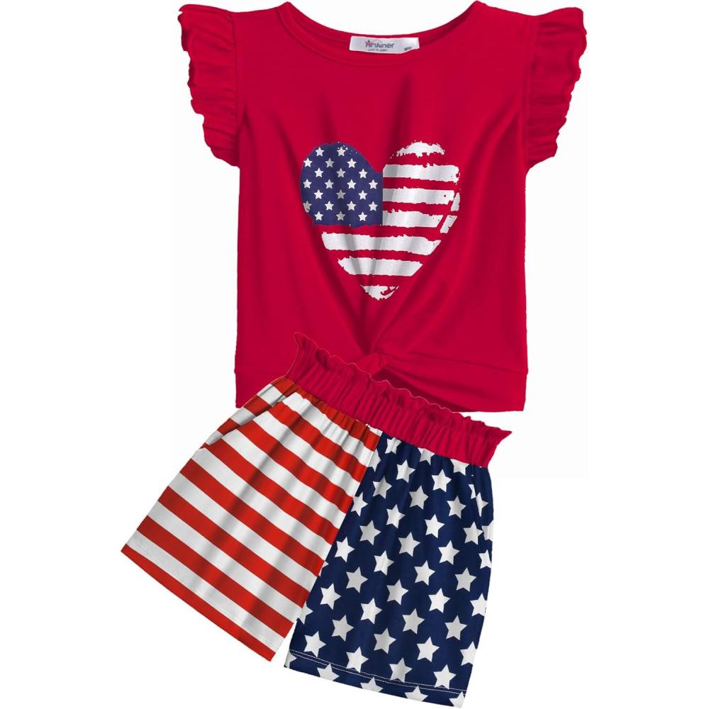 image:imageArshiner Girls Shorts Sets 2 Pieces Outfits Twist Front Ruffle Sleeve TShirts and Shorts With Pockets Cute Clothes SetsAmerican Flag