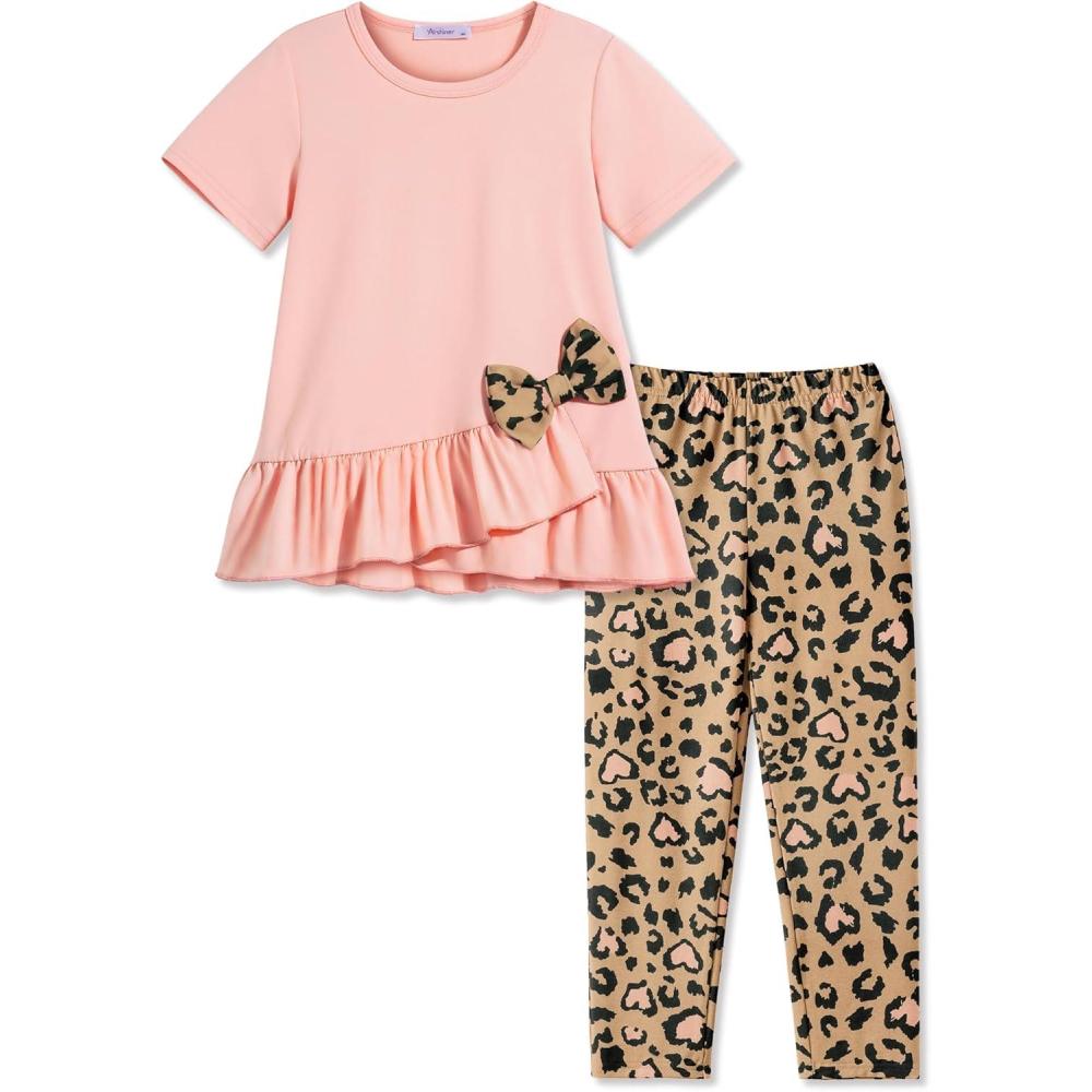 image:imageArshiner Toddler Girl Clothes Summer 2 Piece Outfits Ruffle Hem Short Sleeve Top and Printed Leggings Kids Clothing SetsLeopard