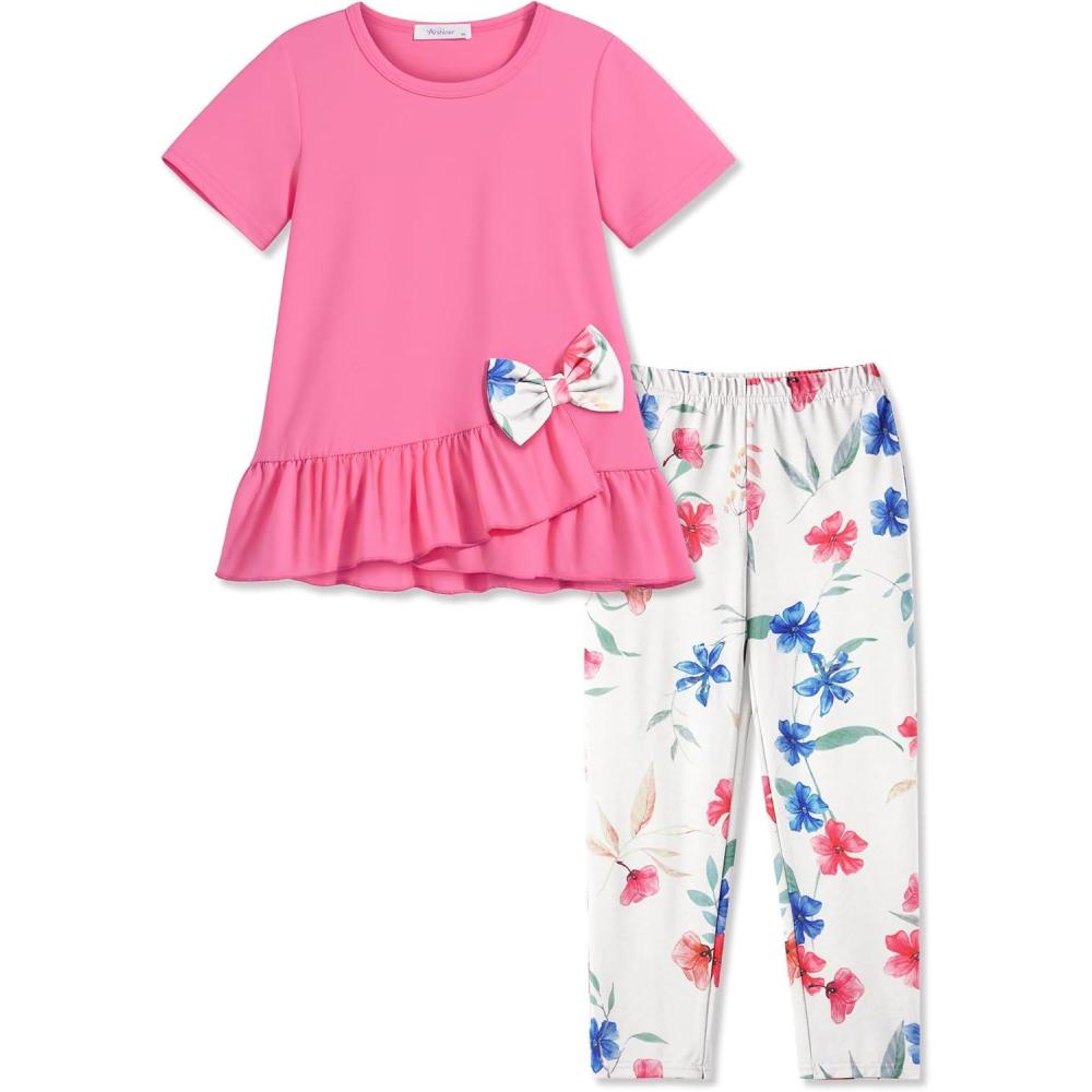 image:imageArshiner Toddler Girl Clothes Summer 2 Piece Outfits Ruffle Hem Short Sleeve Top and Printed Leggings Kids Clothing SetsPink Flroal