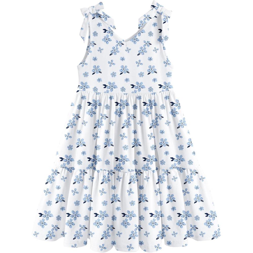 image:imageArshiner Toddler Girl Summer Dress Little Girls Casual Beach Party Bowknot Sling Sundress with Pocket 17tWhite Blue Floral