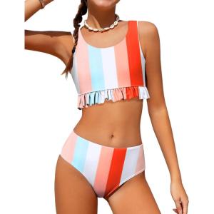 Arshiner Girls Bikini Beach Swimwear 2 Piece Swimsuits Floral Printing Bathing Suits(Orange White Stripes)