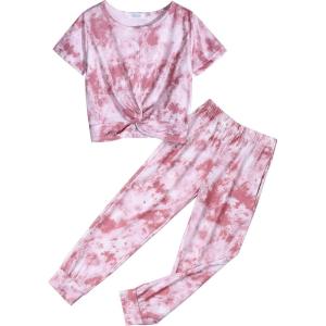 Arshiner Girls Clothing Sets Tie Dye Twist Front Tops & Sweatpants Outfits Sportwear Sweatsuits Tracksuits 4-13 Year(Tie Dye Set Brown White)