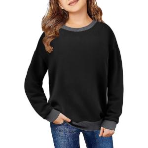 Arshiner Girls Crewneck Sweatshirt Long Sleeve Pullover Tops Drop Shoulder Sweatshirts Color Block Ribbed Trim(Black)