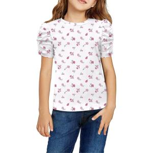 Arshiner Girls Puff Short Sleeve Shirts Summer Ribbed Knit Crewneck T Shirt Tops Tee Blouse(White Pink Flower)