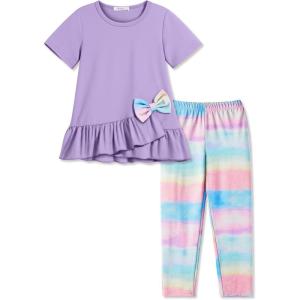 Arshiner Toddler Girl Clothes Summer 2 Piece Outfits Ruffle Hem Short Sleeve Top and Printed Leggings Kids Clothing Sets(Tie Dye)