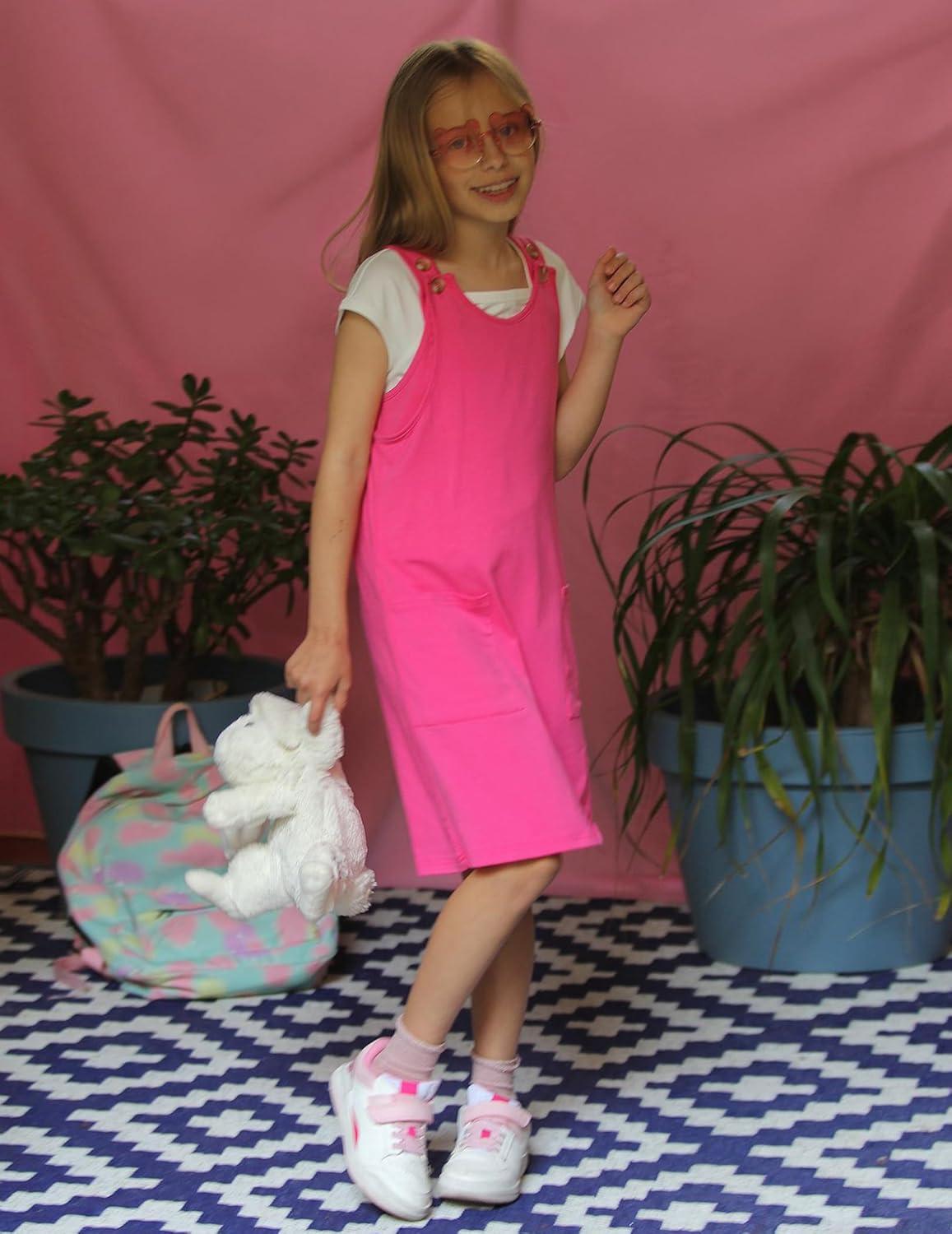 image:imageArshiner Girls Dresses Summer Casual Kids Adjustable Straps Athletic Romper Dress with Shorts and PocketsHot Pink