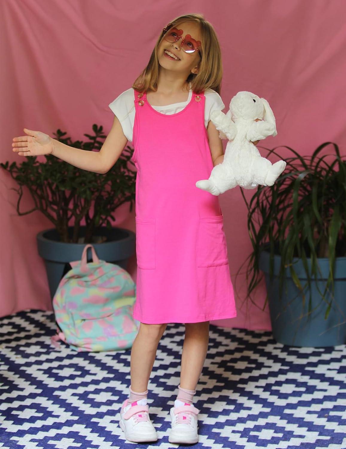 image:imageArshiner Girls Dresses Summer Casual Kids Adjustable Straps Athletic Romper Dress with Shorts and PocketsHot Pink