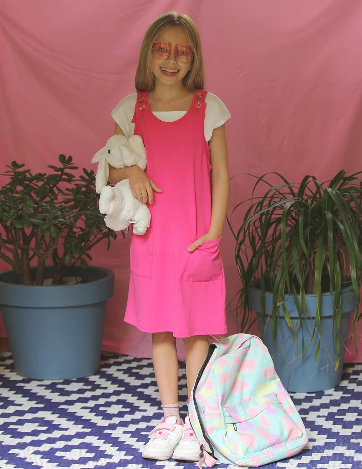 image:imageArshiner Girls Dresses Summer Casual Kids Adjustable Straps Athletic Romper Dress with Shorts and PocketsHot Pink