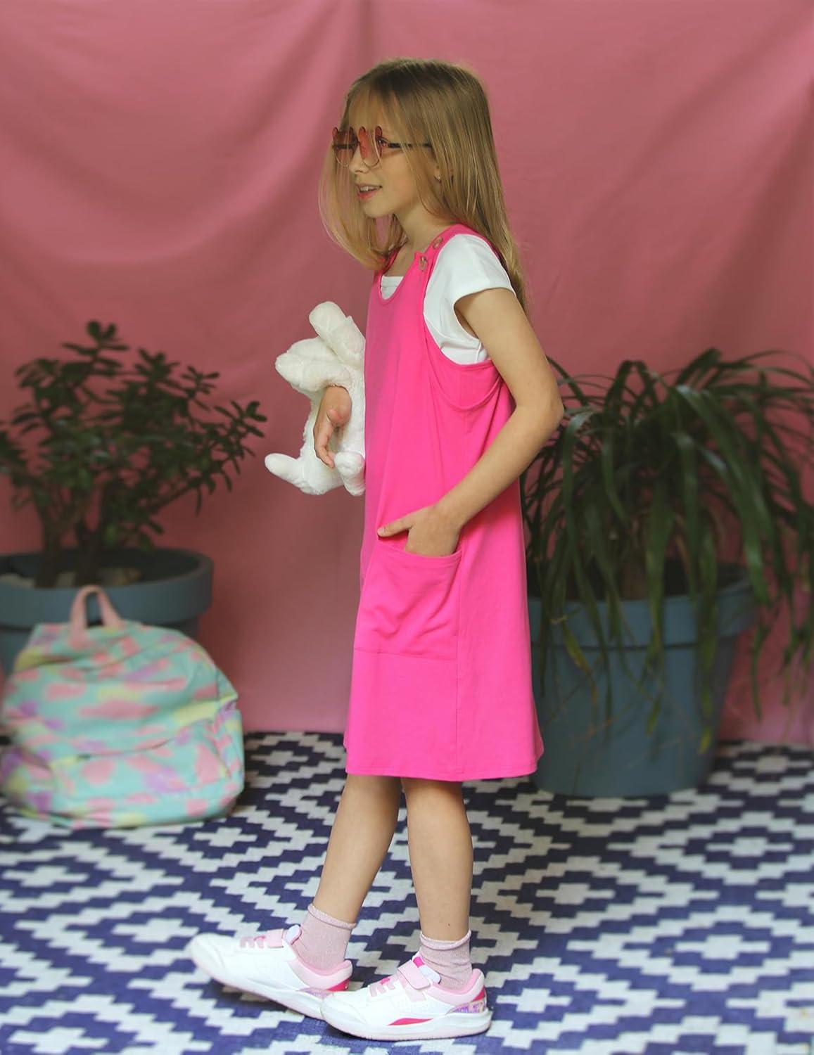 image:imageArshiner Girls Dresses Summer Casual Kids Adjustable Straps Athletic Romper Dress with Shorts and PocketsHot Pink