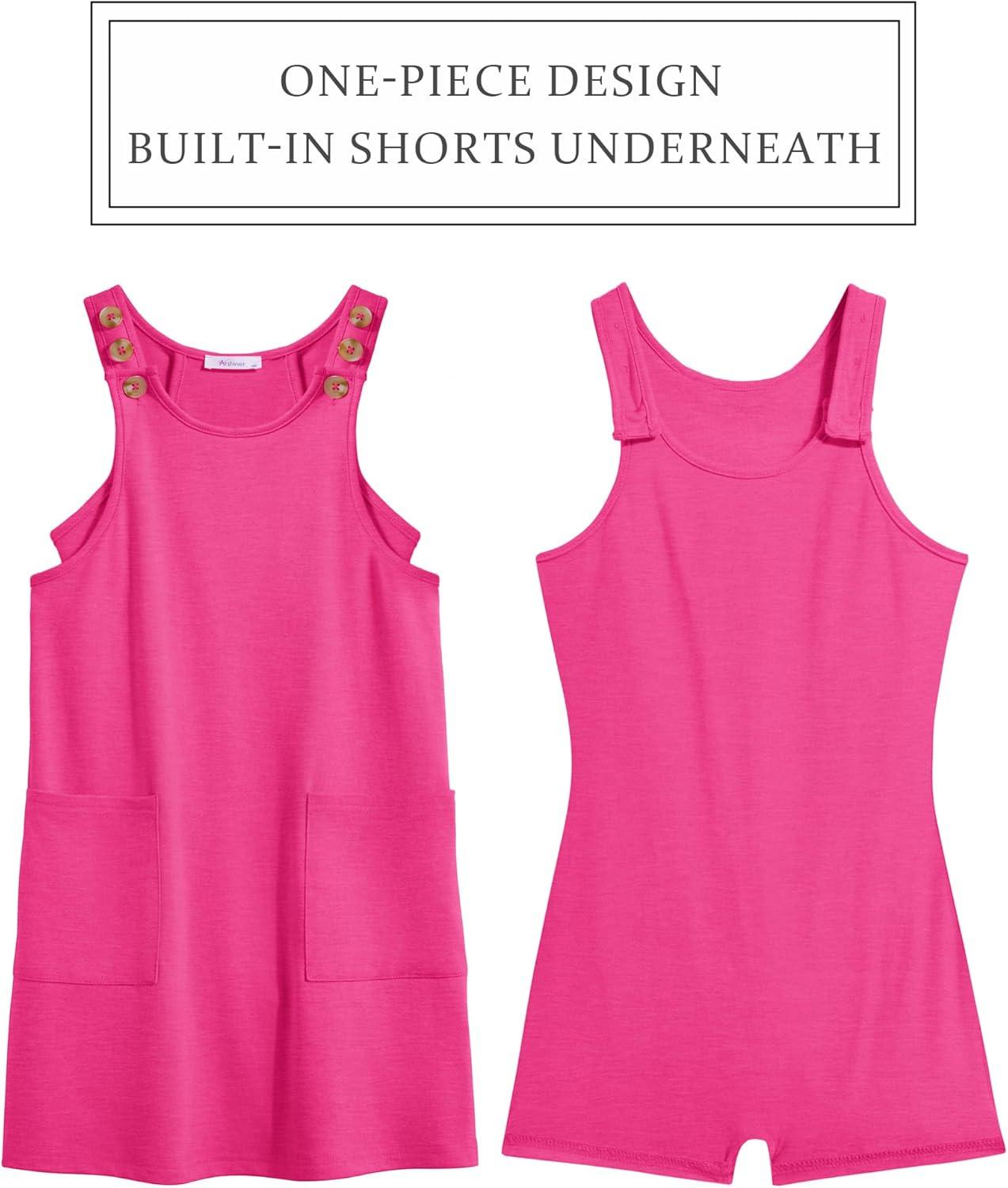 image:imageArshiner Girls Dresses Summer Casual Kids Adjustable Straps Athletic Romper Dress with Shorts and PocketsHot Pink