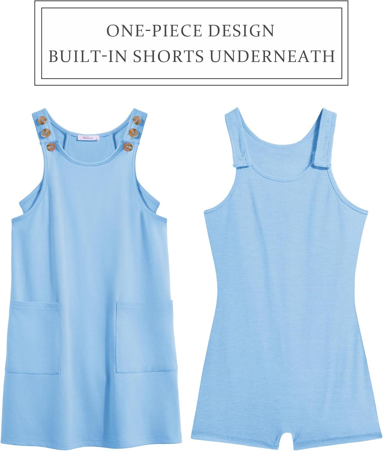 image:imageArshiner Girls Dresses Summer Casual Kids Adjustable Straps Athletic Romper Dress with Shorts and PocketsLight Blue