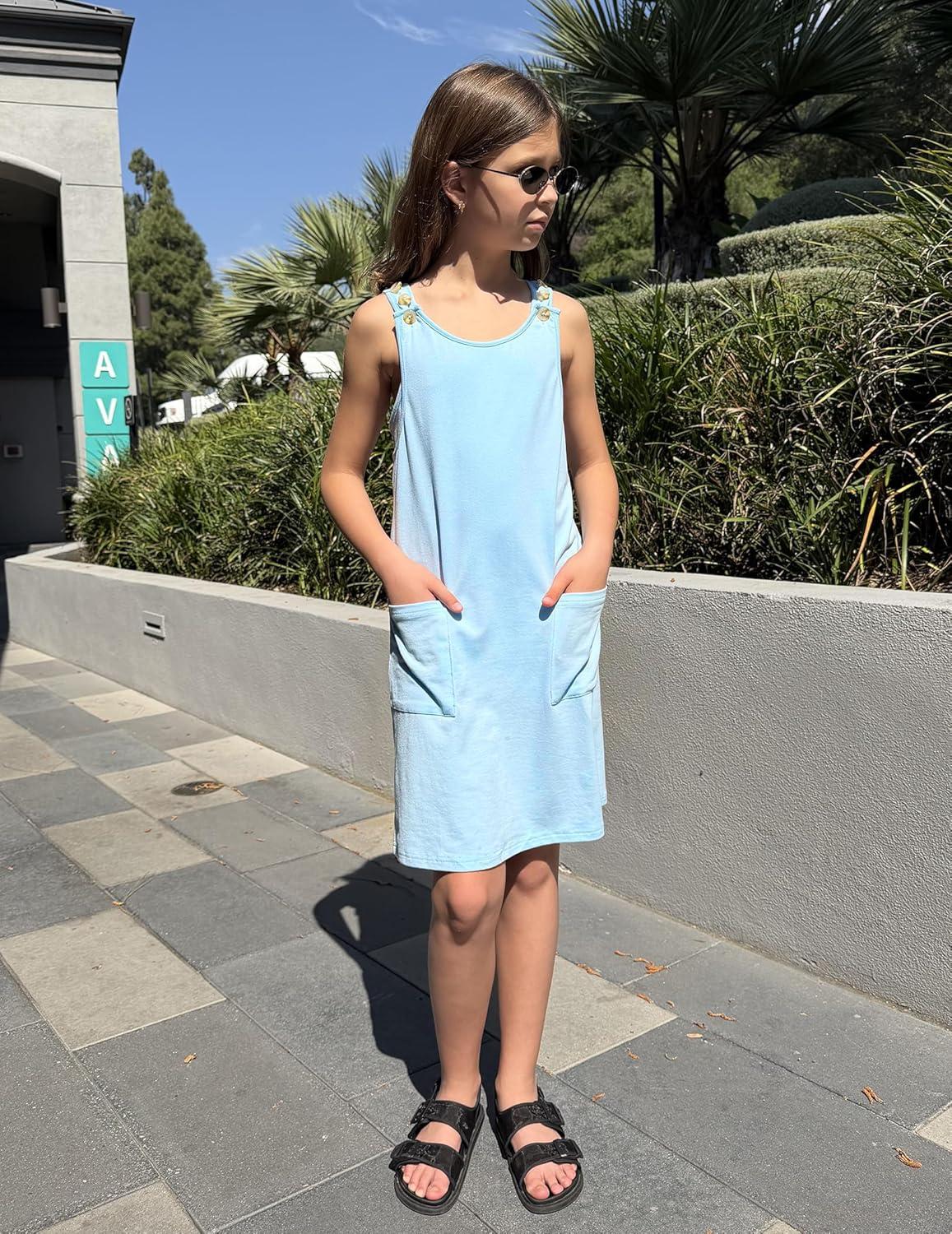 image:imageArshiner Girls Dresses Summer Casual Kids Adjustable Straps Athletic Romper Dress with Shorts and PocketsLight Blue