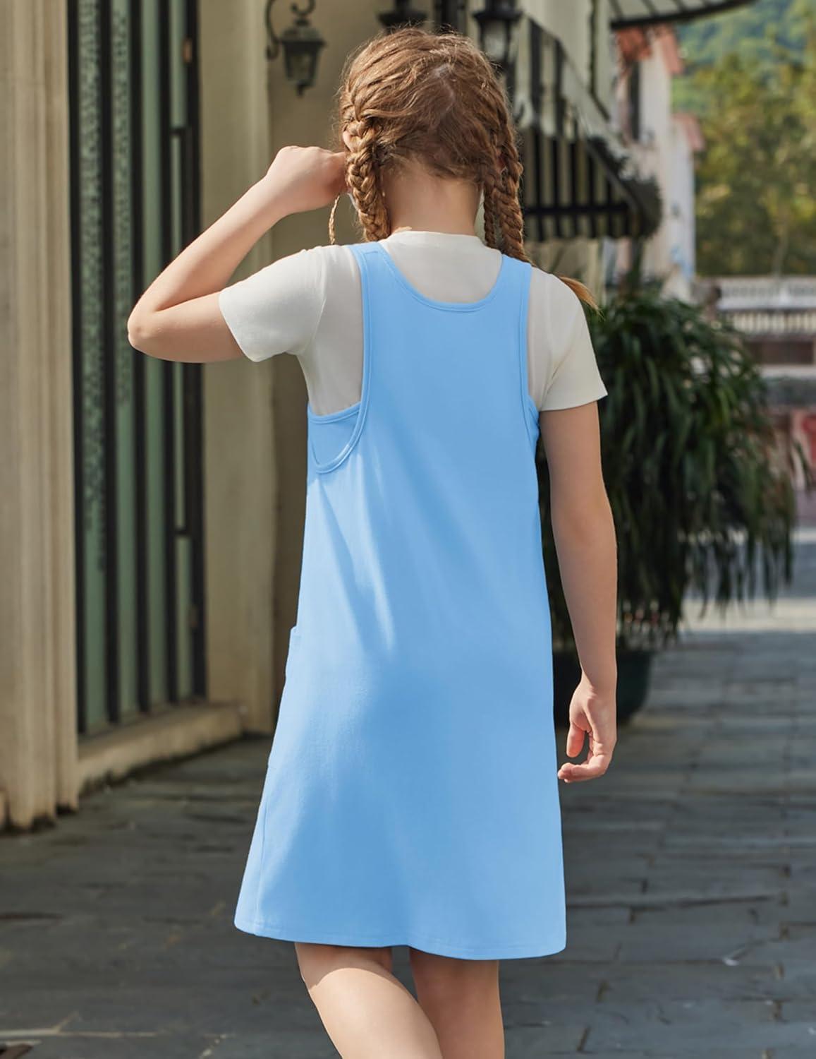image:imageArshiner Girls Dresses Summer Casual Kids Adjustable Straps Athletic Romper Dress with Shorts and PocketsLight Blue