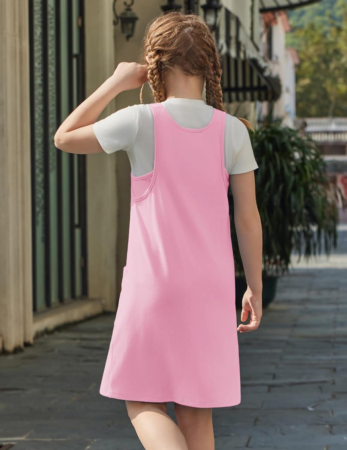 image:imageArshiner Girls Dresses Summer Casual Kids Adjustable Straps Athletic Romper Dress with Shorts and PocketsLight Pink