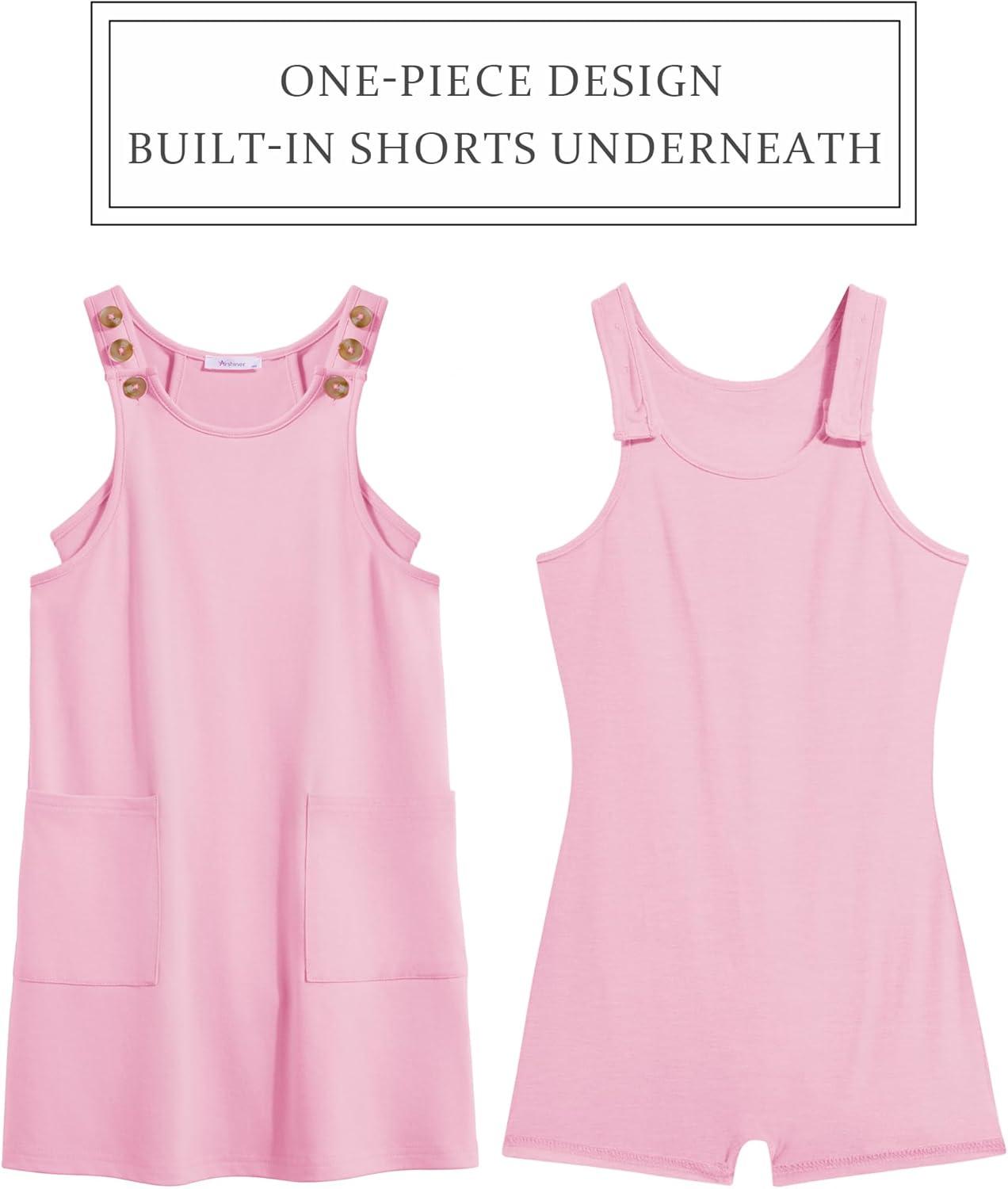image:imageArshiner Girls Dresses Summer Casual Kids Adjustable Straps Athletic Romper Dress with Shorts and PocketsLight Pink