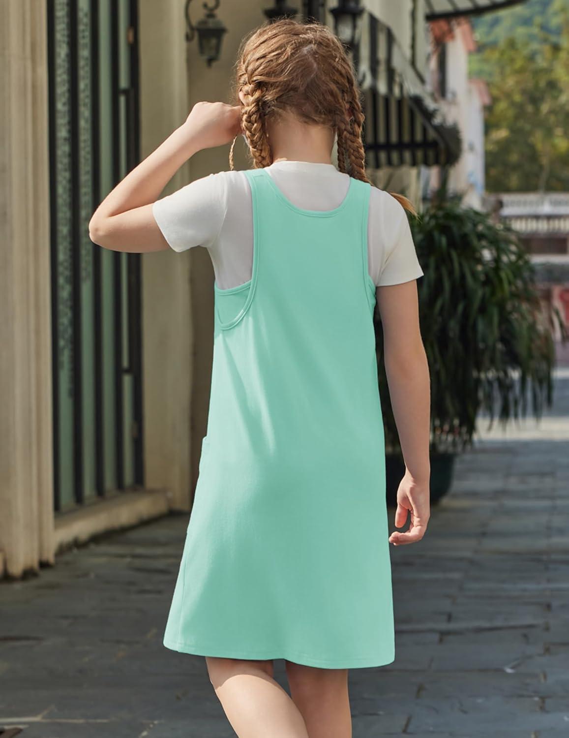 image:imageArshiner Girls Dresses Summer Casual Kids Adjustable Straps Athletic Romper Dress with Shorts and PocketsMint Green