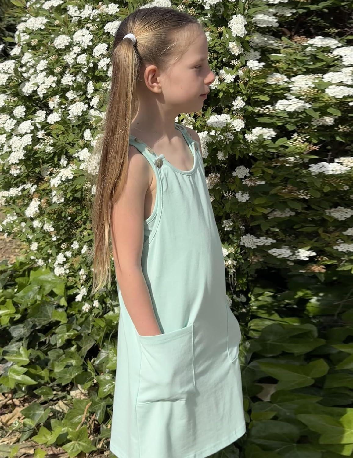 image:imageArshiner Girls Dresses Summer Casual Kids Adjustable Straps Athletic Romper Dress with Shorts and PocketsMint Green