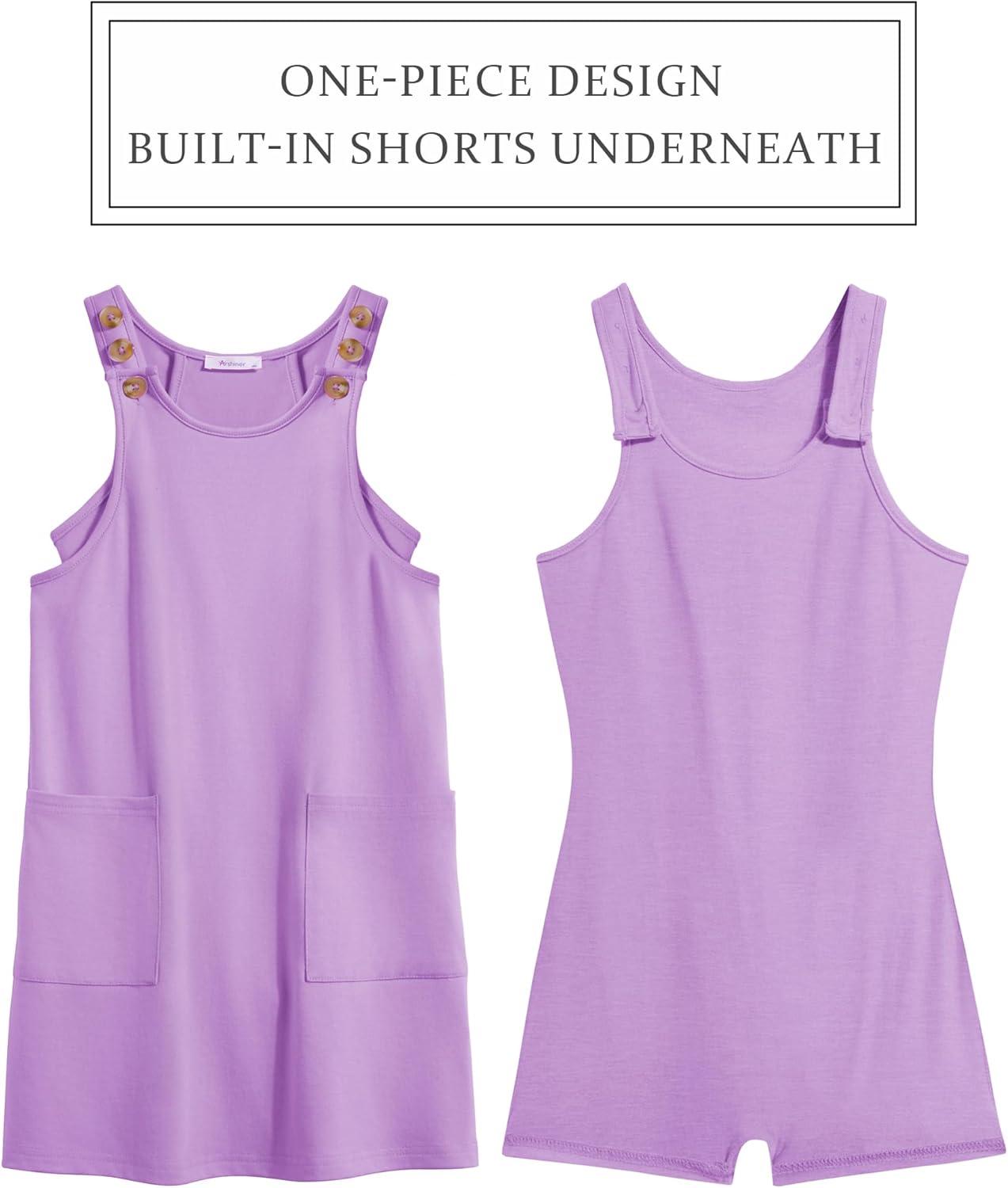 image:imageArshiner Girls Dresses Summer Casual Kids Adjustable Straps Athletic Romper Dress with Shorts and PocketsPurple