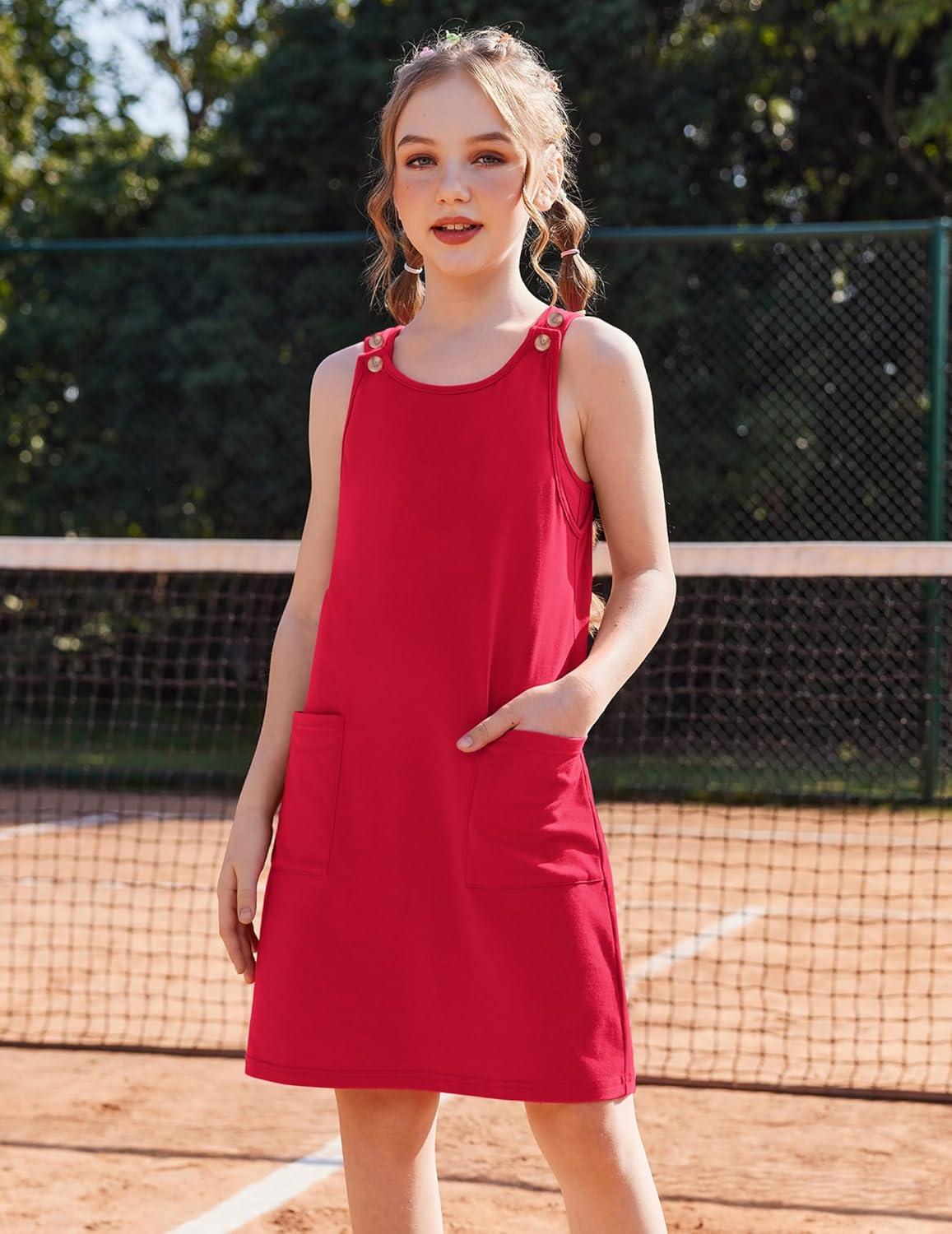 image:imageArshiner Girls Dresses Summer Casual Kids Adjustable Straps Athletic Romper Dress with Shorts and PocketsRed