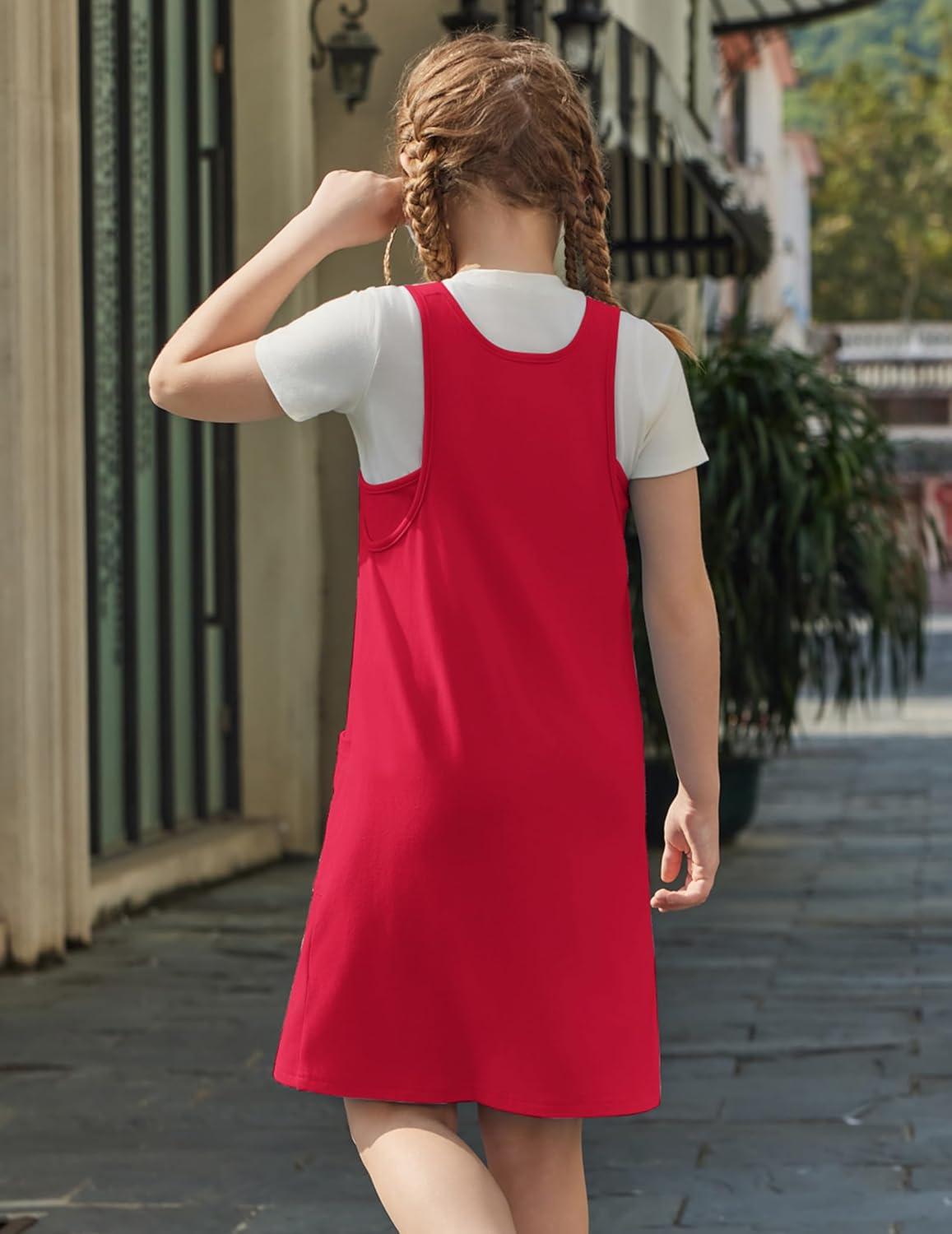 image:imageArshiner Girls Dresses Summer Casual Kids Adjustable Straps Athletic Romper Dress with Shorts and PocketsRed