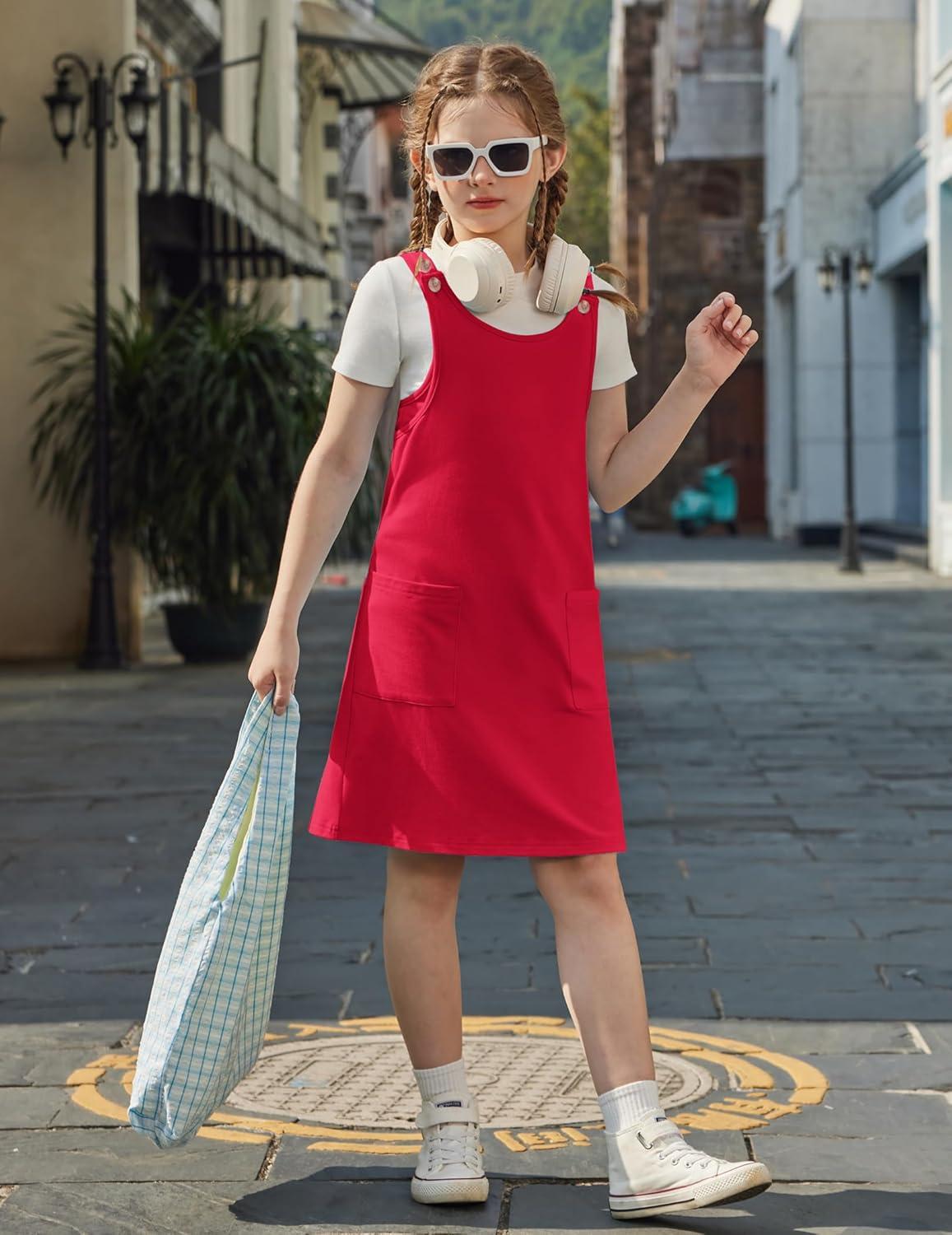 image:imageArshiner Girls Dresses Summer Casual Kids Adjustable Straps Athletic Romper Dress with Shorts and PocketsRed