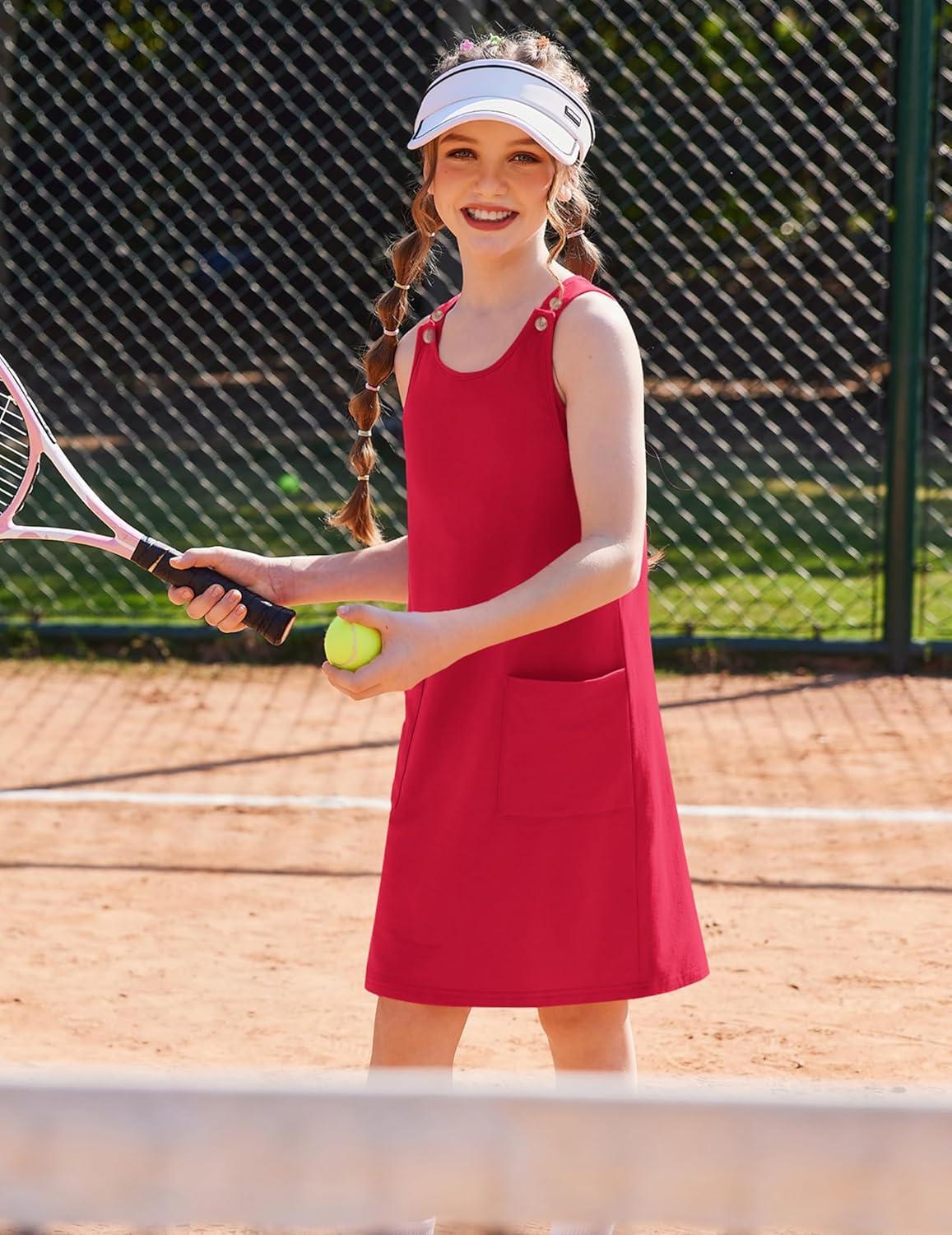 image:imageArshiner Girls Dresses Summer Casual Kids Adjustable Straps Athletic Romper Dress with Shorts and PocketsRed