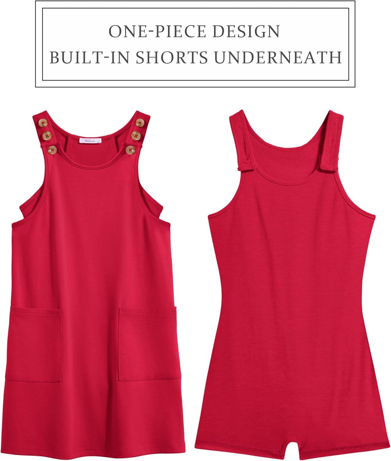 image:imageArshiner Girls Dresses Summer Casual Kids Adjustable Straps Athletic Romper Dress with Shorts and PocketsRed