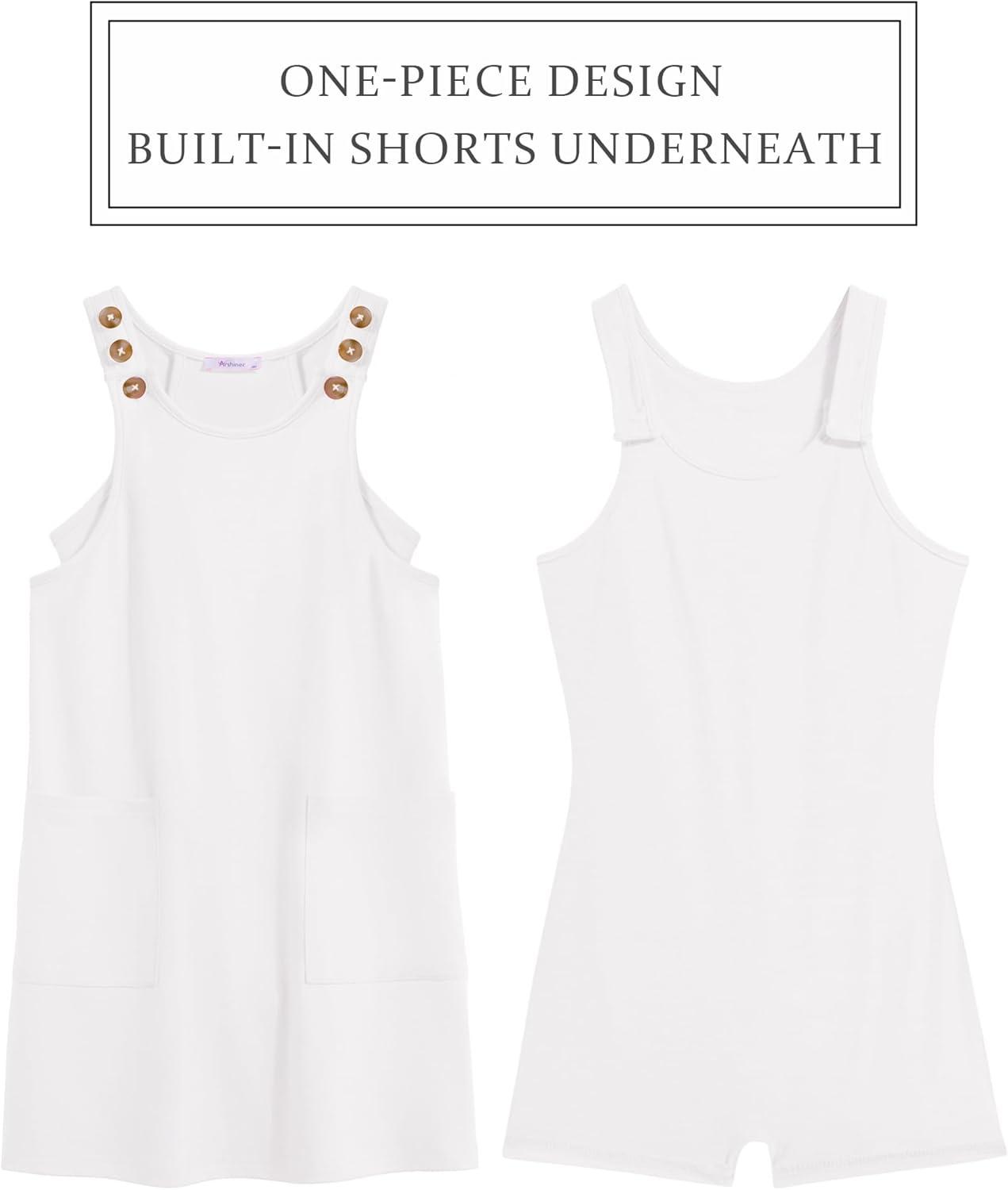 image:imageArshiner Girls Dresses Summer Casual Kids Adjustable Straps Athletic Romper Dress with Shorts and PocketsWhite