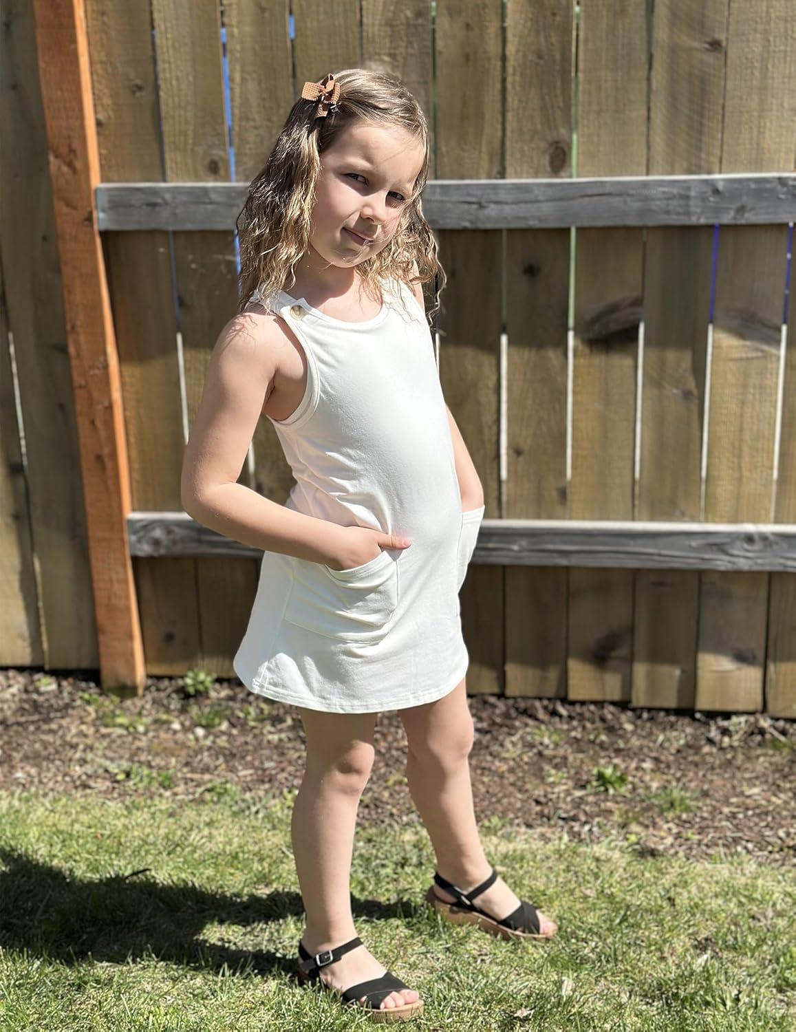 image:imageArshiner Girls Dresses Summer Casual Kids Adjustable Straps Athletic Romper Dress with Shorts and PocketsWhite