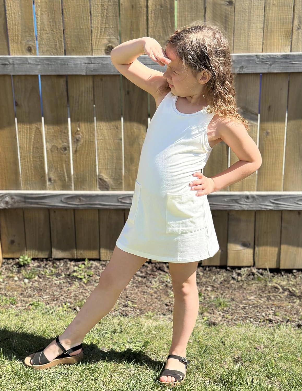 image:imageArshiner Girls Dresses Summer Casual Kids Adjustable Straps Athletic Romper Dress with Shorts and PocketsWhite